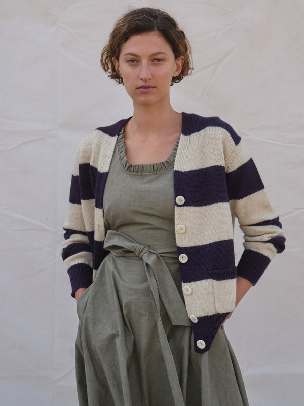 Pendle Cardigan in Damson & Ecru