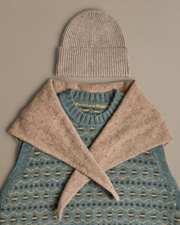 Beige lace neckerchief knitted in soft lambswool. designed and made in the UK by Rove.